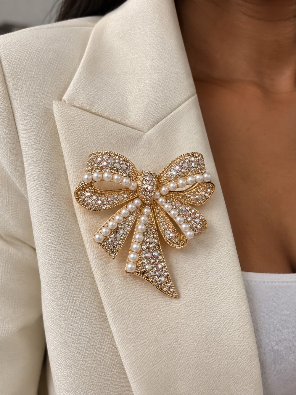Gold Pearl & Crystal Bow Brooch - Elegant Women’s Jewelry